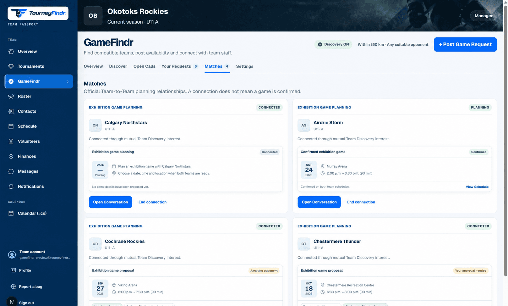 GameFindr matches showing connected teams and exhibition game proposals