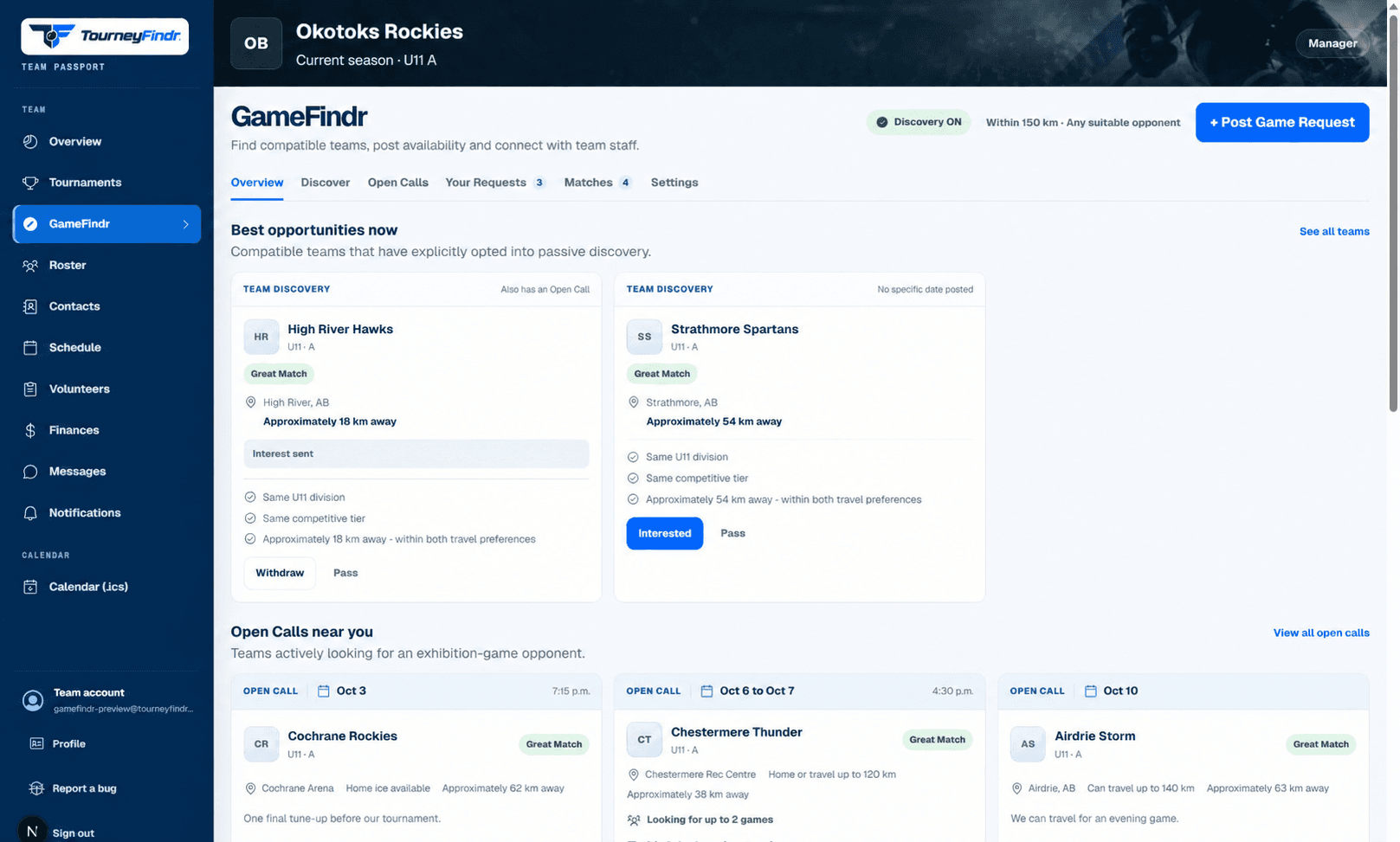 GameFindr overview showing compatible teams and nearby open calls