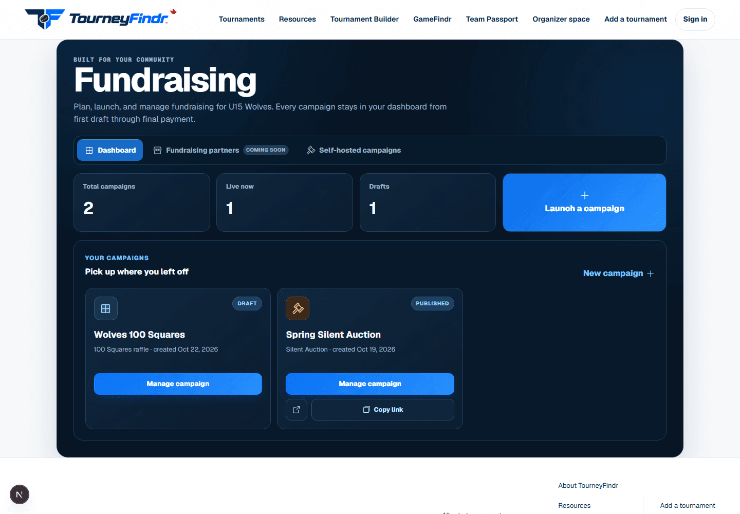 The actual TourneyFindr fundraising dashboard