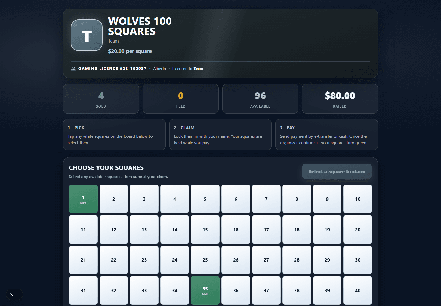 Wolves 100 Squares public campaign board
