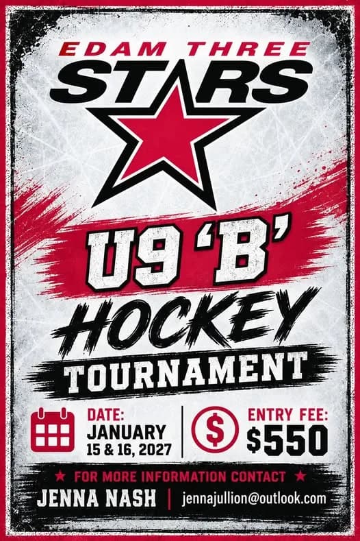 Poster for EDAM THREE STARS U9 'B' HOCKEY TOURNAMENT